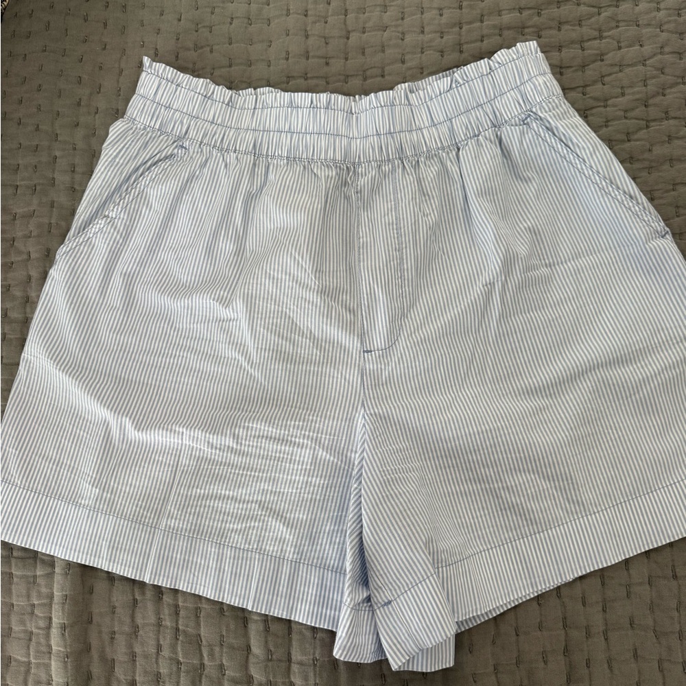 aerie Light Blue & White Pinstripe High-Waist Shorts